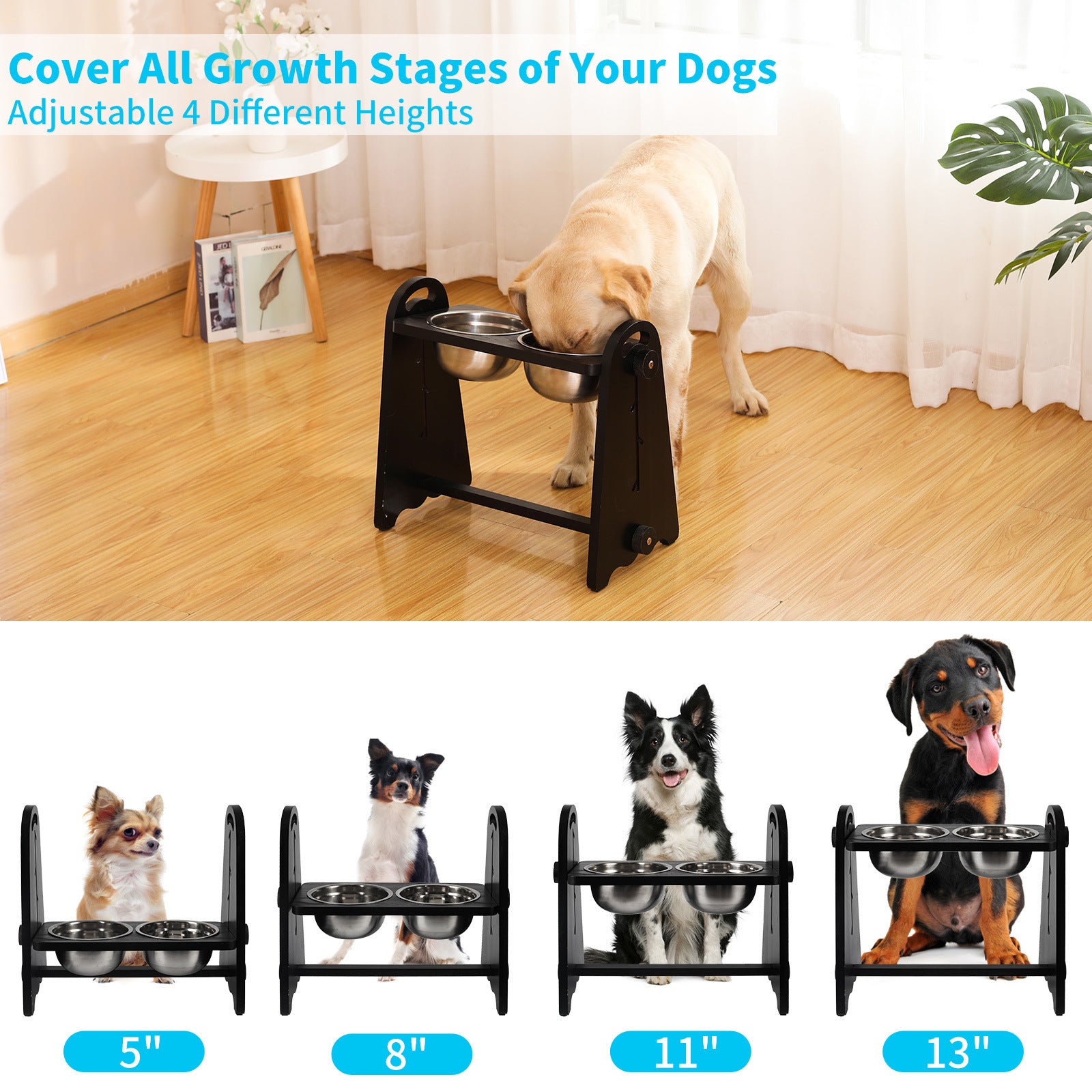 Elevated Dog Bowls for Medium Large Sized Dogs, Adjustable Heights Raised Dog Feeder Bowl with Stand for Food & Water Doba